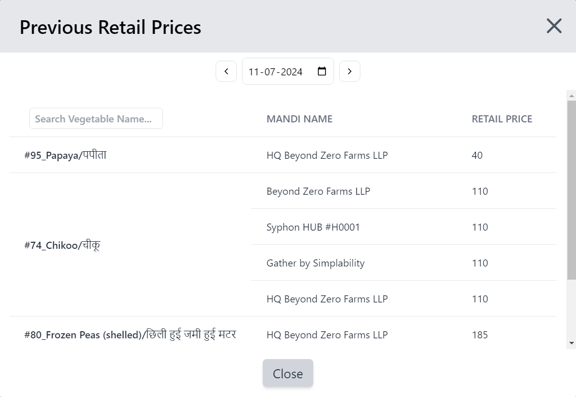 Items Price Page with Modal